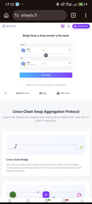 A mobile phone screenshot of the WheeX.fi website displaying a cryptocurrency bridge interface with 'Bridge faster ⚡ Swap smarter ⚡ Pay easier' text, ETH to ETH conversion fields, and a 'Get started' button.
