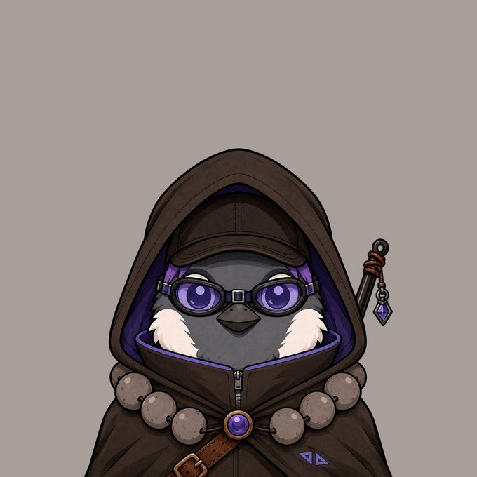 A cartoon illustration of a cute hooded penguin character wearing purple goggles and a brown cloak with beaded details, featuring purple and gray tones.
