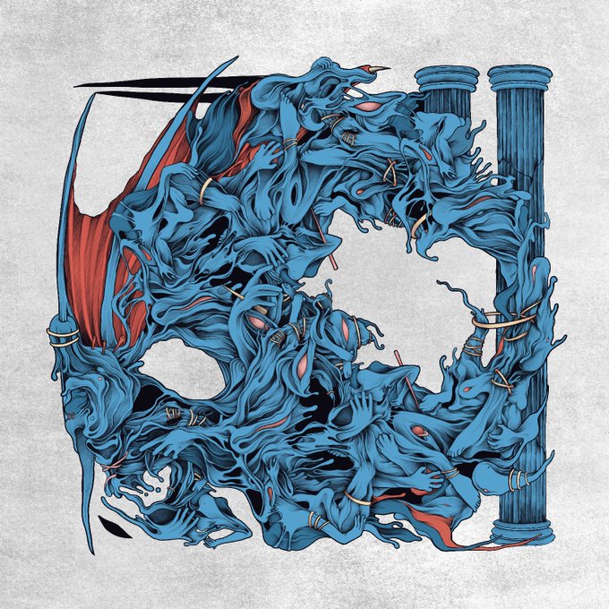 An intricate illustration of the letter 'B' formed from blue, dragon-like creatures with red eyes and wings, wrapped around Greek-style columns.