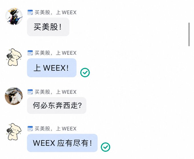 A Chinese chat conversation screenshot showing messages promoting a stock trading platform called 'WEEX' with phrases like '买美股，上WEEX' (Buy US stocks, go to WEEX).