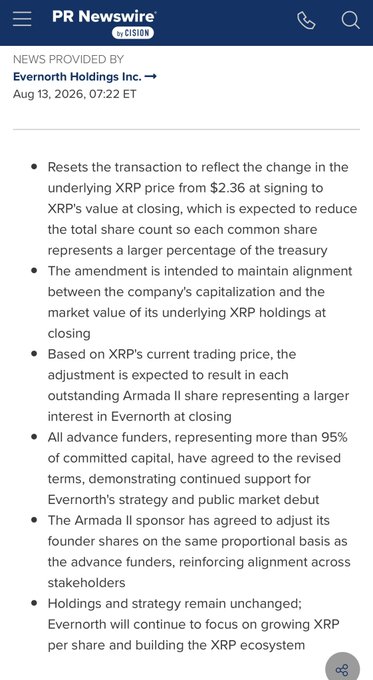A PR Newswire press release from Evernorth Holdings Inc. dated Aug 13, 2026, discussing amendments to a transaction involving XRP and Armada II shares.