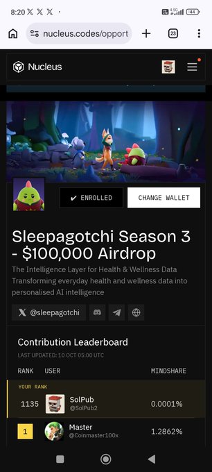 A screenshot of a mobile browser open to the Nucleus platform, showing a page for 'Sleepagotchi Season 3 - $100,000 Airdrop' with a contribution leaderboard where 'SolPub' is ranked 1135.