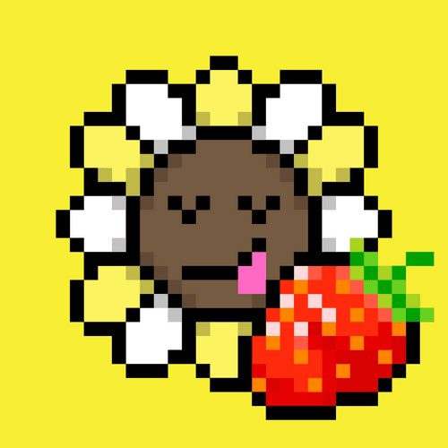 A pixel art illustration of a cute brown character with white puffy decorations holding a strawberry on a yellow background.