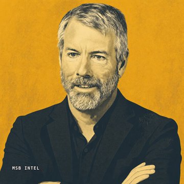 A stylized portrait shows Michael Saylor against a yellow background, arms crossed in a confident pose, with "MSB INTEL" text in the lower-left corner. The image accompanies an insight about his stance on MicroStrategy's Bitcoin selling policy.