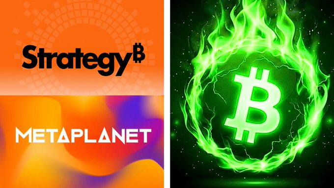 A split graphic features the names “Strategy₿” and “METAPLANET” on the left alongside a bright green flaming Bitcoin symbol on the right.