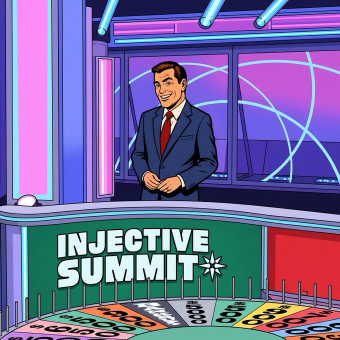 Cartoon-style illustration of a suited presenter at the 'INJECTIVE SUMMIT' with a colorful prize wheel below and neon geometric background.