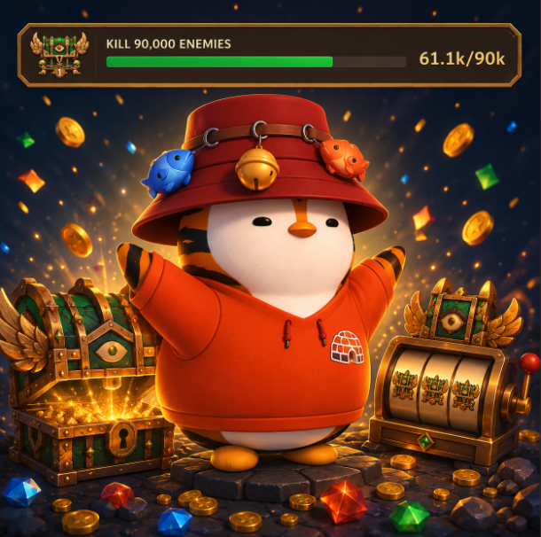 The image features a cartoon penguin wearing an orange shirt with a hoodie over its head, standing next to a gold chest filled with treasure. The penguin appears to be waving at the camera while holding up a sign that says "Happy XP Day". In the background, there are various other chests and coins scattered around, indicating a game or virtual world where players can collect items and XP points for completing tasks or challenges.