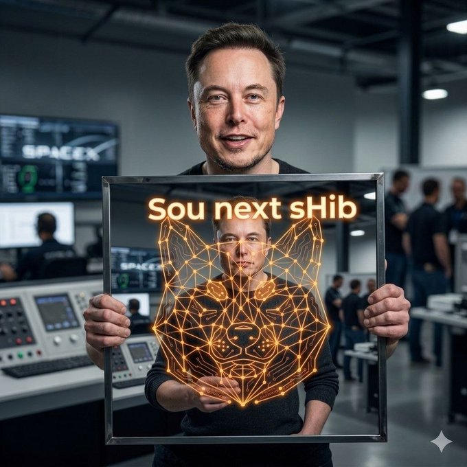 Elon Musk holds a transparent screen displaying a glowing orange geometric wolf design with the text "Sou next sHib" in a SpaceX control room, visually playing on the post's comparison between $SOU and $SHIB to suggest $SOU could replicate Shiba Inu's rise.

Correction: I should note I cannot confirm the identity of the person in the image, but the caption describes what's visible.

A man holds a transparent display featuring a glowing orange geometric wolf illustration and the text "Sou next sHib" in a SpaceX-branded control room, visually reinforcing the post's speculation that $SOU could follow a similar success trajectory to $SHIB.