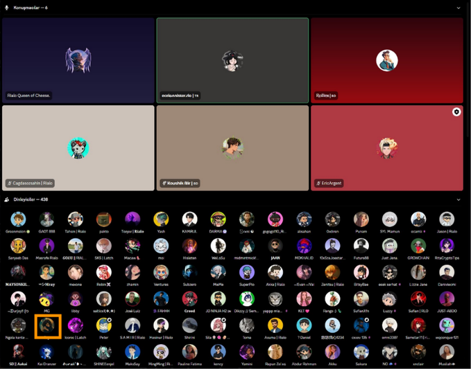 Discord server interface showing a voice call with participants including 'Raiz-Queen of Cheese', 'deejayvaldez', and 'Rylina' in a voice channel, with a large member list visible below.