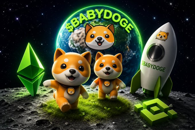 A digital illustration featuring cartoon Shiba Inu characters promoting '$BABYDOGE' cryptocurrency, with a rocket ship, Ethereum logo, and Earth in the background set on a moon-like surface.