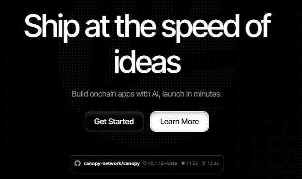 The image shows a black and white screen with text that reads "Ship at the speed of ideas" and "Build onchain apps with launch in minutes". The image also contains a link to a website called Canopy Network, which appears to be related to building blockchains or smart contracts.