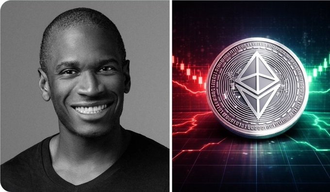 Arthur Hayes, co-founder of BitMEX, appears in a black-and-white headshot alongside a stylized Ethereum (ETH) coin set against a red and green candlestick chart background, visually representing his preference for Ethereum over Bitcoin based on technical analysis.