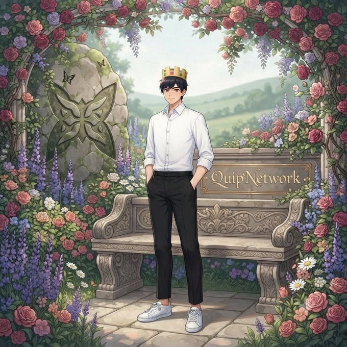 An anime-style illustration of a man wearing a crown, white shirt, and black pants standing in a garden with a stone bench that reads 'QuipNetwork', surrounded by roses and lavender
