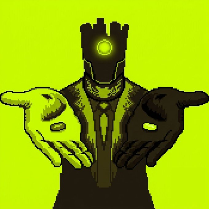 Pixel art of a dark figure with a glowing yellow eye and crown offering two hands holding glowing objects against a green background.