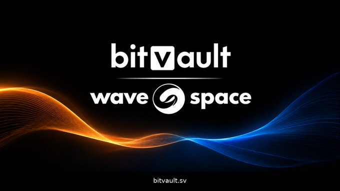 A promotional graphic featuring the logos 'bitVault' and 'wavespace' over a dark background with flowing orange and blue light waves, displaying the website 'bitvault.sv' at the bottom.