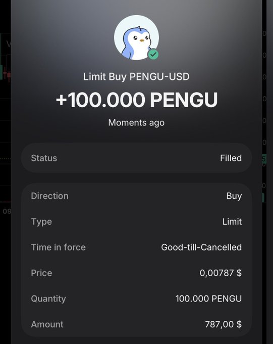 Mobile trading screen showing a filled limit buy order for +100,000 PENGU tokens at a price of 0.00787$, totaling $787.00.