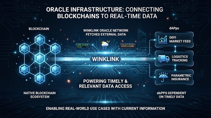 Diagram titled 'ORACLE INFRASTRUCTURE: CONNECTING BLOCKCHAINS TO REAL-TIME DATA,' showing how the Winklink Oracle Network fetches external data to power dApps like DeFi Market Feed, Logistics Tracking, and Parametric Insurance.