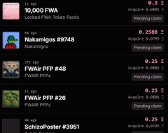 A marketplace listing shows various NFT collections including "10,000 FWA," "Nakamigos #9748," "FWAir PFP #48," "FWAir PFP #26," and "SchizoPoster #3951" with pending claims of 0.25-0.3 ETH each. The post notes that the first two FWAIR PFPs have been removed from the collection, which currently has a 2.75 WETH offer on OpenSea.