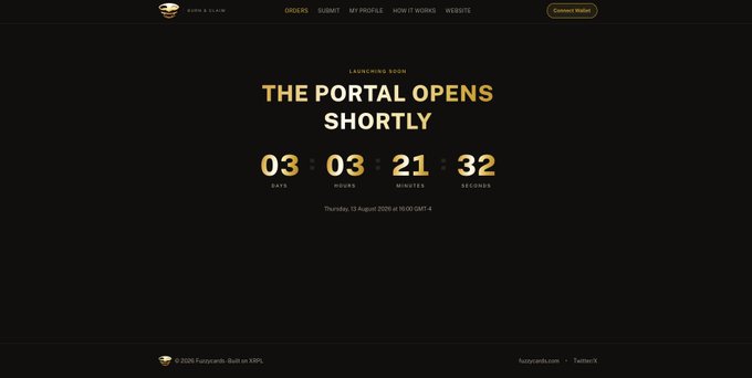 A website screenshot with a black background displays the "Fuzzybear" logo in the top-left corner, with a countdown timer showing "THE PORTAL OPENS SHORTLY" in 03 days, 03 hours, 21 minutes, and 32 seconds, set to launch on Thursday, 13 August 2026 at 19:00 GMT+4. The countdown directly supports the post's claim that the Fuzzybear NFT holder portal is opening in a few days, visually confirming the timeline mentioned for when holders will gain access.