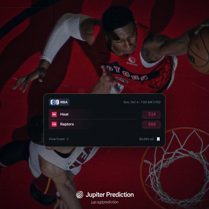 A promotional graphic for Jupiter Prediction featuring a basketball game between the Heat and Raptors, displaying betting odds of 51¢ for the Heat and 50¢ for the Raptors, with a volume of $5,085.