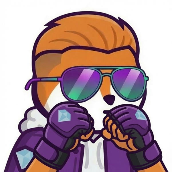 This cartoon fox character, wearing purple sunglasses and boxing gloves, strikes a ready pose with fists raised, visually embodying the text "GM Good Morning... Have a happy new week I am ready for the grind!"