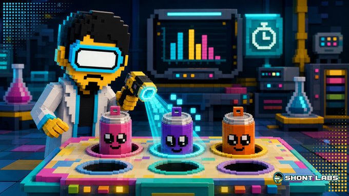 A pixel-art scene showing a bearded scientist character in a lab coat and VR headset scanning colorful block-like creatures with a scanner, branded with 'SHONK LABS'.