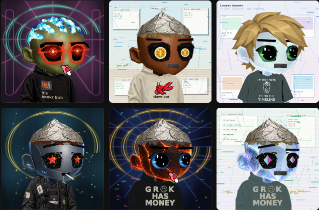 A collage of six NFT-style digital character portraits with various outfits and backgrounds, including text like 'IT'S BANKR' BISH', 'chaos skull', and 'GRØK HAS MONEY'.