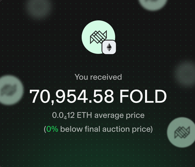 A dark-themed digital screen displaying the text 'You received 70,954.58 FOLD' at a '0.0412 ETH average price' (0% below final auction price).