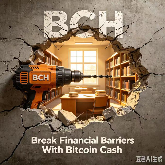 A promotional image showing a power drill labeled 'BCH' breaking through a concrete wall into a library, with text reading 'Break Financial Barriers With Bitcoin Cash' and Chinese characters '豆包AI生成' (Doubao AI generated).