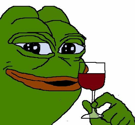 The Pepe the Frog meme character holding a glass of red wine with a contemplative expression.