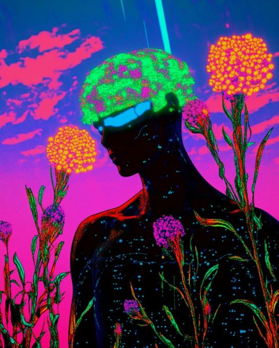 A vibrant cyberpunk/synthwave style digital artwork featuring a silhouetted figure with a glowing green brain and blue visor sunglasses, standing among neon-colored flowers against a pink and purple sky.