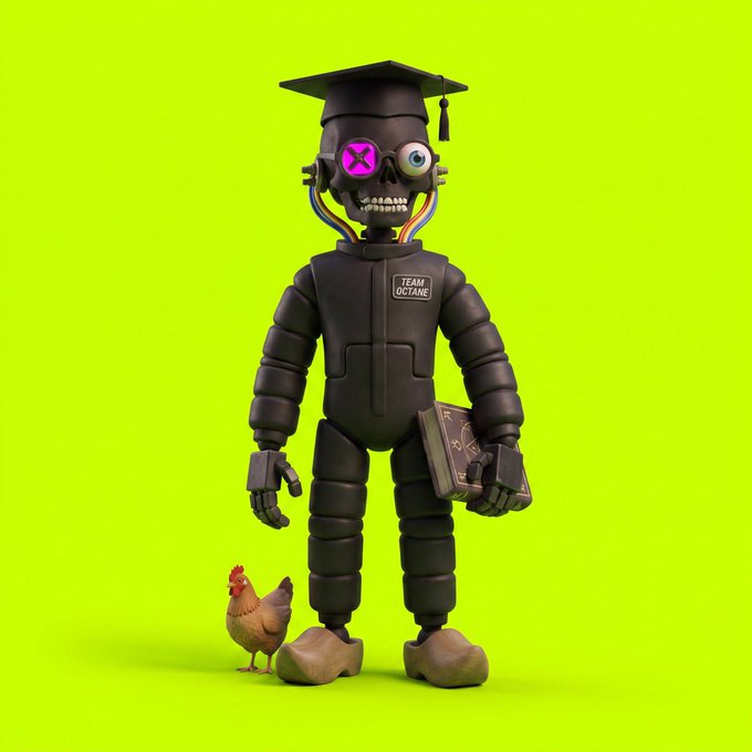A black robotic figure wearing a graduation cap stands on a vibrant green background, with a "TEAM OCTANE" patch on its chest, holding a book and accompanied by a small hen—evoking a surreal, playful mentor-like presence watching over the viewer as promised in the message.
