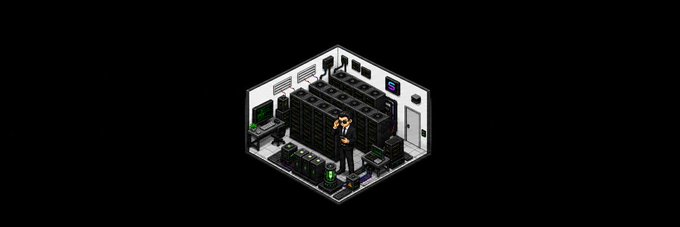 Pixel art isometric server room scene showing a person standing among rows of black server racks on a black background.