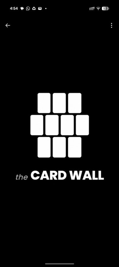A black background mobile app splash screen displaying a white icon made of stacked rectangles with the text 'the CARD WALL' below it.