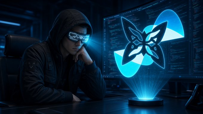 A hooded figure wearing glowing blue visor glasses sits in front of multiple monitors, with a blue holographic butterfly logo projected nearby.