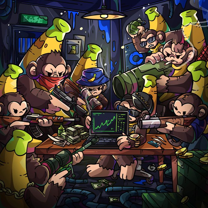 A crew of heavily armed cartoon monkeys surrounds a laptop displaying a rising chart, one operating it while the others aim rifles and a bazooka at the screen. A sign reading "BASE" glows in the background, and the $LAPTOP ticker fits the image of a tense, militant showdown around the chart.
