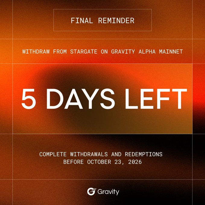 Orange warning graphic reading "FINAL REMINDER - WITHDRAW FROM STARGATE ON GRAVITY ALPHA MAINNET - 5 DAYS LEFT - COMPLETE WITHDRAWALS AND REDEMPTIONS BEFORE OCTOBER 23, 2026" with the Gravity logo.