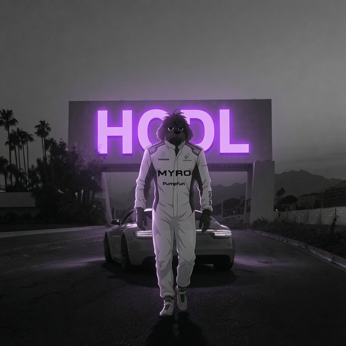 A person wearing a furry mascot mask and a white racing suit with 'MYRO' and 'Purrpfun' logos, standing in front of a car with a neon 'HODL' sign in the background.