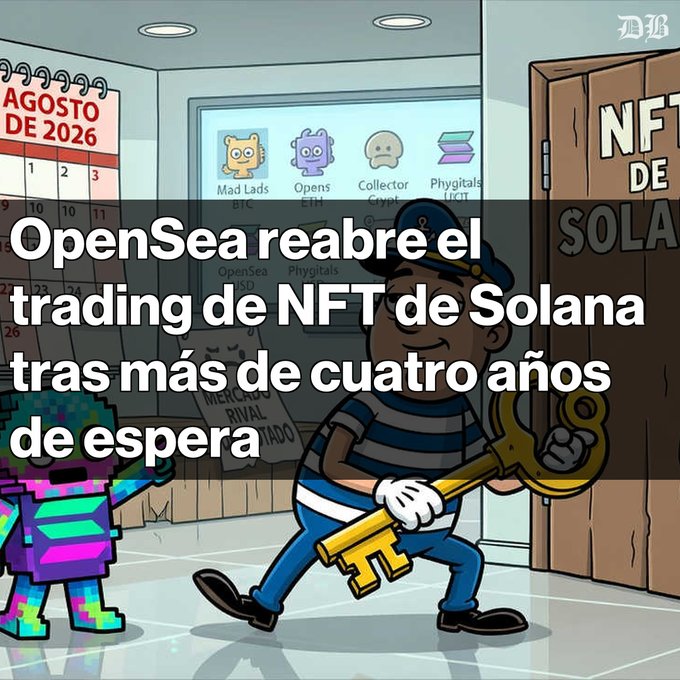 A cartoon illustration of a thief with a large key accompanies Spanish text reading "OpenSea reabre el trading de NFT de Solana tras más de cuatro años de espera".