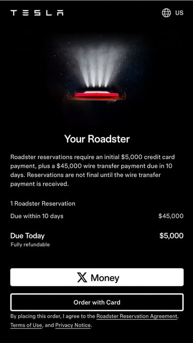 A Tesla app screen displaying a Roadster reservation requiring a $5,000 credit card payment due today and a $45,000 wire transfer due within 10 days.