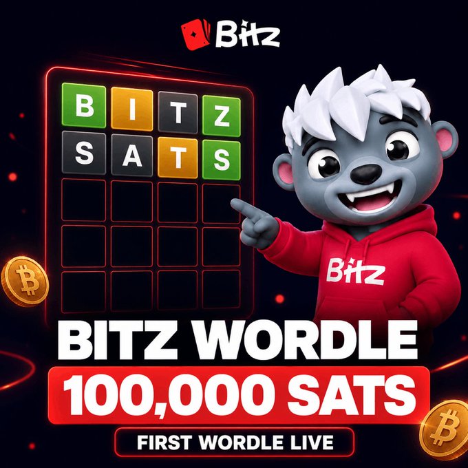 A cheerful mascot in a red "Bitz" hoodie points to a Wordle-style grid spelling "BITZ SATS," promoting Bitz's 3-day Wordle Challenge on Discord with a 100,000 SATS prize. The promotional image matches the post's announcement of the first live Wordle, featuring Bitcoin coin graphics and the call-to-action "FIRST WORDLE LIVE."