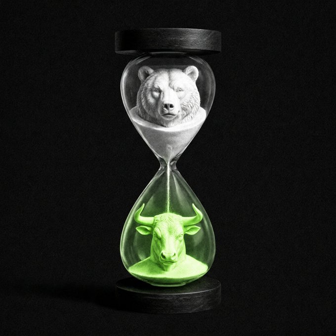 An hourglass shows a white bear's head in the upper chamber as white sand falls, forming a green bull's head in the lower chamber—symbolizing the cyclical transition from bearish to bullish markets over time. The visual metaphor reinforces the post's message that while market trends rotate between fear and greed, investor conviction must remain steady through each cycle.