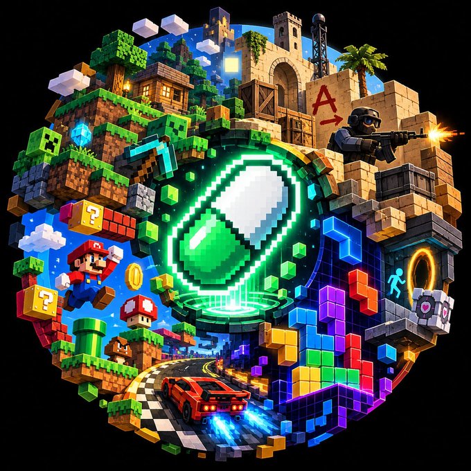 A vibrant pixel-art collage featuring a glowing green emerald at its center, surrounded by Minecraft-style blocks, Mario characters, a soldier firing a weapon, and a racing car on a checkered track.