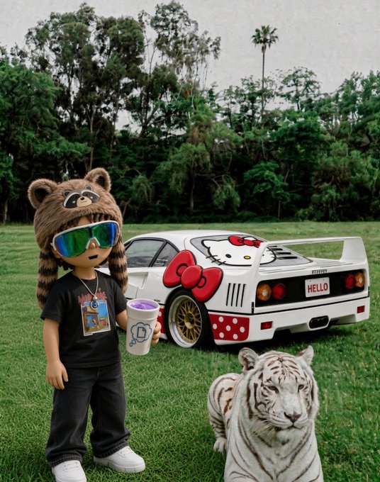 A 3D-rendered figurine of a child wearing a bear hat and ski goggles standing next to a Hello Kitty-themed Ferrari F40 and a white tiger in a grassy field.