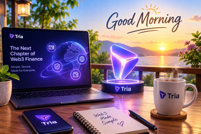 A laptop displays "Tria - The Next Chapter of Web3 Finance: Simple. Secure. Made for Everyone." alongside a glowing Tria logo, a branded mug, and a notebook reading "Web3 Made Simple" against a scenic sunrise, with "Good Morning" text overhead—visually reinforcing the post's message that Tria simplifies navigating wallets, chains, and apps in crypto.