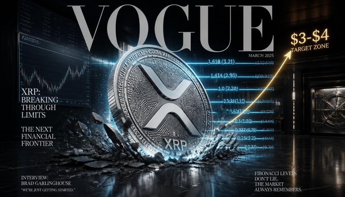 A Vogue magazine-style cover featuring an XRP cryptocurrency coin with the headline 'XRP: BREAKING THROUGH LIMITS - THE NEXT FINANCIAL FRONTIER,' showing a price chart with a $3-$4 target zone and dated March 2025.