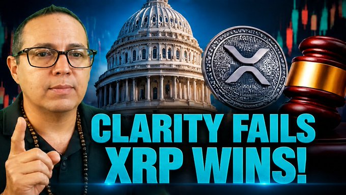 A YouTube thumbnail featuring a man pointing upward, the U.S. Capitol building, an XRP coin, a judge's gavel, and text reading 'CLARITY FAILS XRP WINS!' against a candlestick chart background.