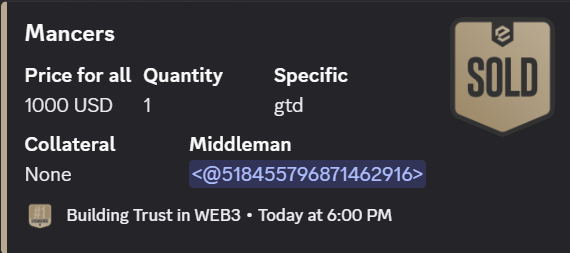 A listing card for 'Mancers' marked as SOLD for 1000 USD (quantity 1, specific: gtd), posted in the 'Building Trust in WEB3' channel by middleman <@518455796871462916>.