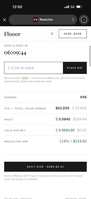 A screenshot of the Floor.fun app showing a NFT signing auction with a current total value signed of $62,956, a vault of Ξ0.0840, and a 6-hour countdown timer.