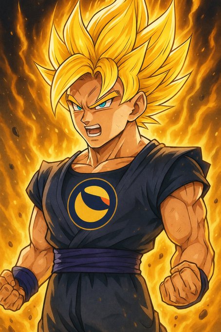 An anime illustration depicts a Super Saiyan character with spiky golden hair and an intense expression, wearing a dark blue gi with a circular emblem, surrounded by flames and a fiery aura.